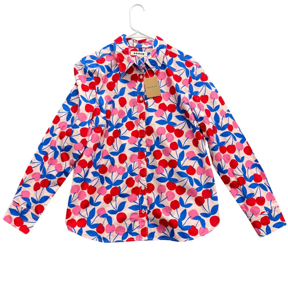 Boden Sienna Shirt Womens 14R Pink Red Blue Cherry Print Button Down NEW - Picture 2 of 10
